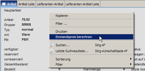 Kontextmenu Einstandspreis berechnen
